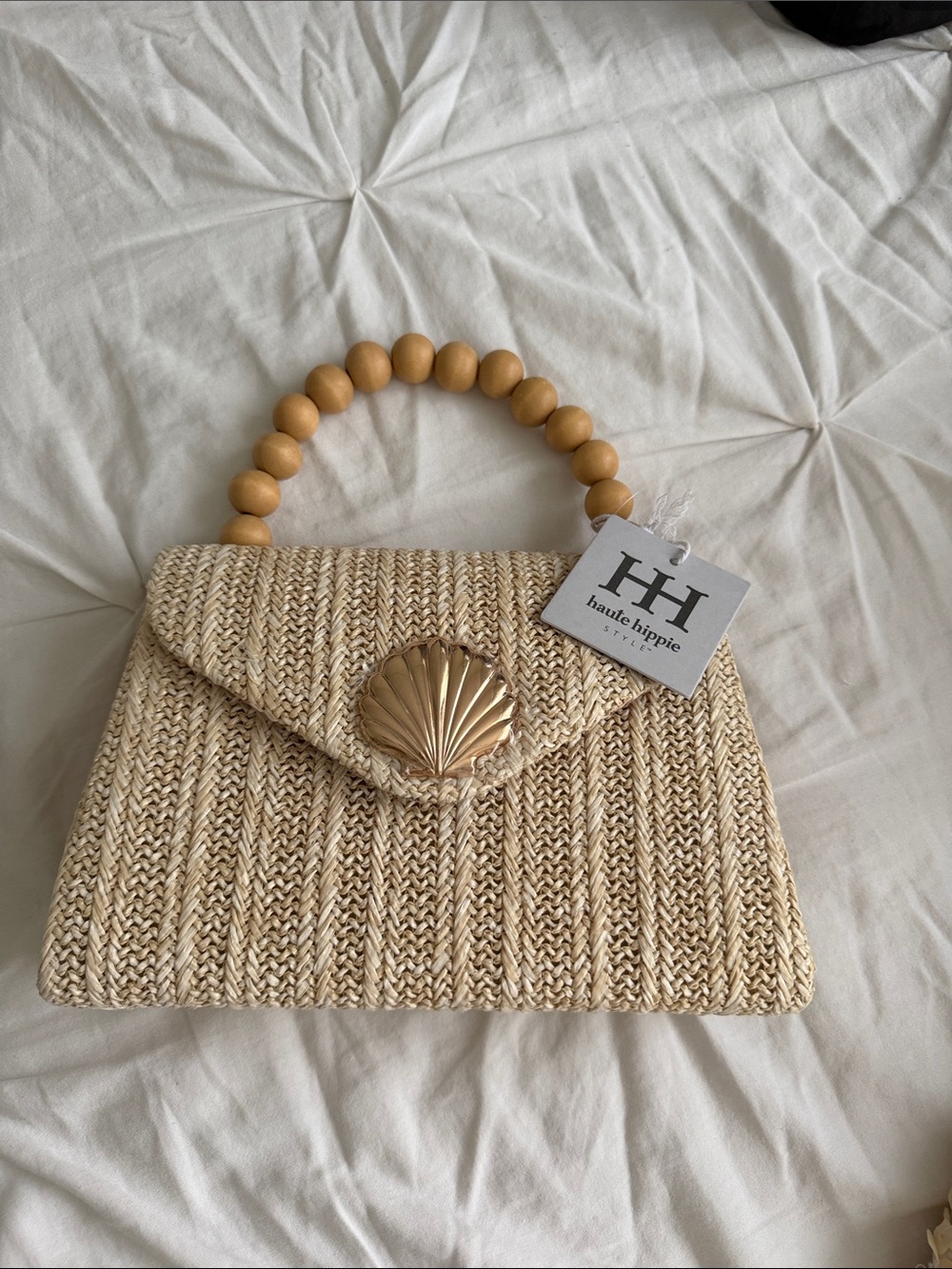 Haute Hippie Cream Woven Top-Handle Bag with Gold Shell Clasp